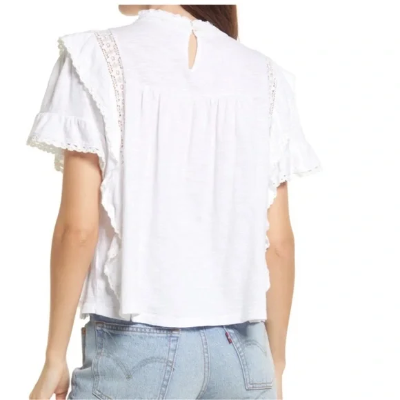 Free People Le Femme Ivory Ruffled Short Sleeve Tee L NWT - Picture 3 of 6